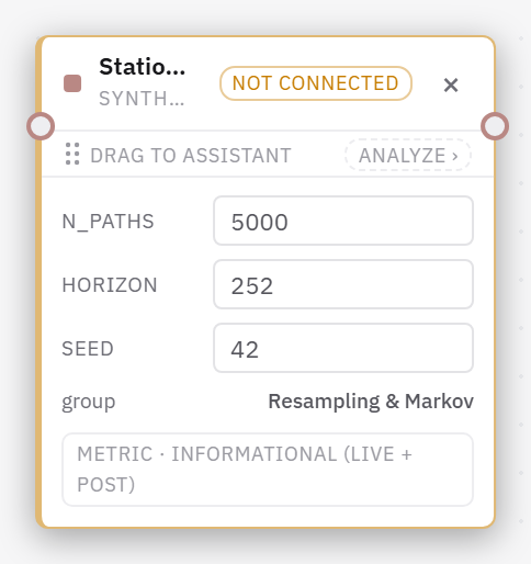 An unconnected stationary block bootstrap node shows dependent-resampling settings.